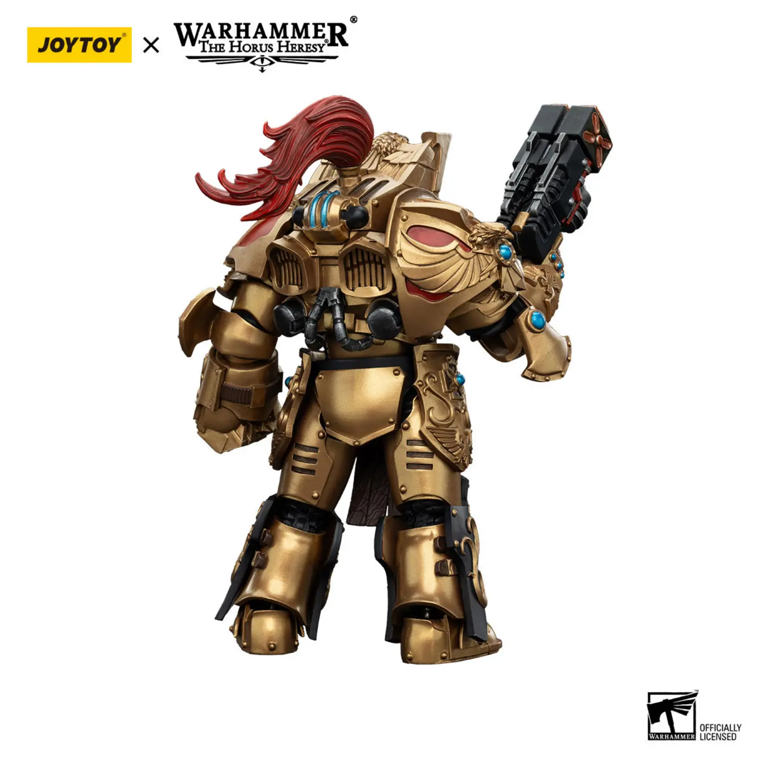 the back of the Action Figure - JoyToy Legio Custodes Aquilon Terminator with Twin-linked Adrathic Destructor 1 18 - Warhammer The Horus Heresy in white background