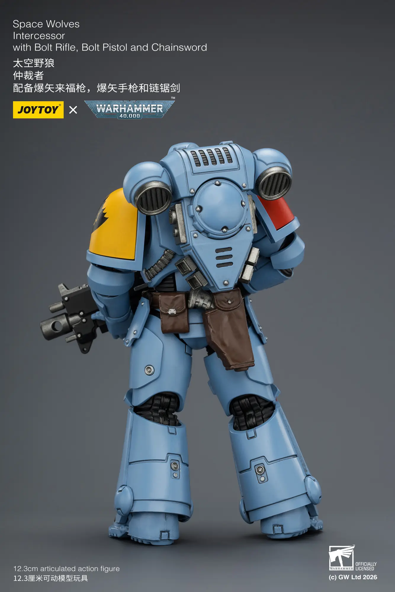the back of the Action Figure - JoyToy Space Wolves Intercessor with Bolt Rifle, Bolt Pistol and Chainsword 1 18 - Warhammer 40K rectangle image