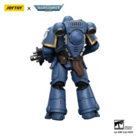 the back of the Action Figure - JoyToy Ultramarines Intercessor with Bolt Rifle, Bolt Pistol and Chainsword 1 18 - Warhammer 40K in white background