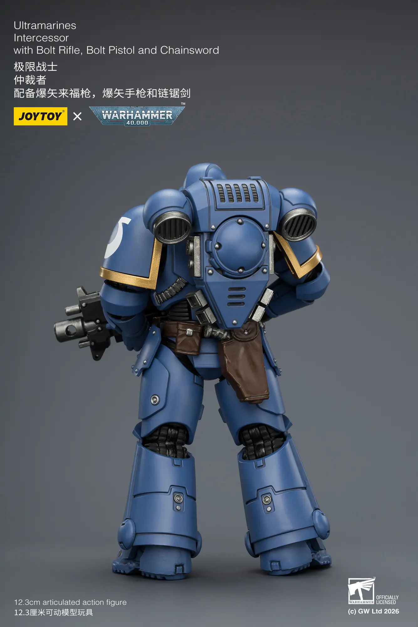 the back of the Action Figure - JoyToy Ultramarines Intercessor with Bolt Rifle, Bolt Pistol and Chainsword 1 18 - Warhammer 40K rectangle image