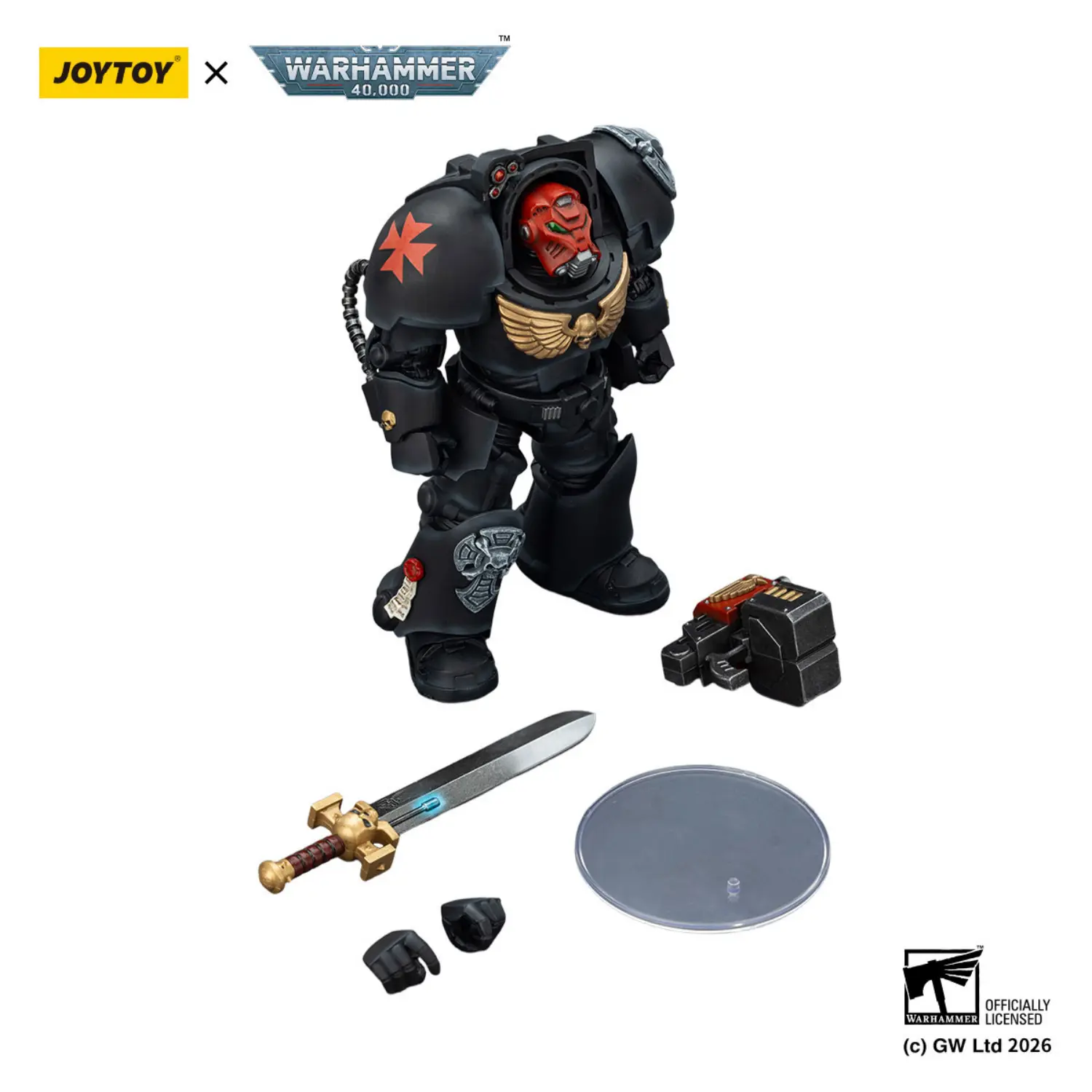 the parts of the Action Figure - Black Templars Terminator 1 with Power Sword and Storm Bolter 1 18 - JOYTOY Warhammer 40K in white background