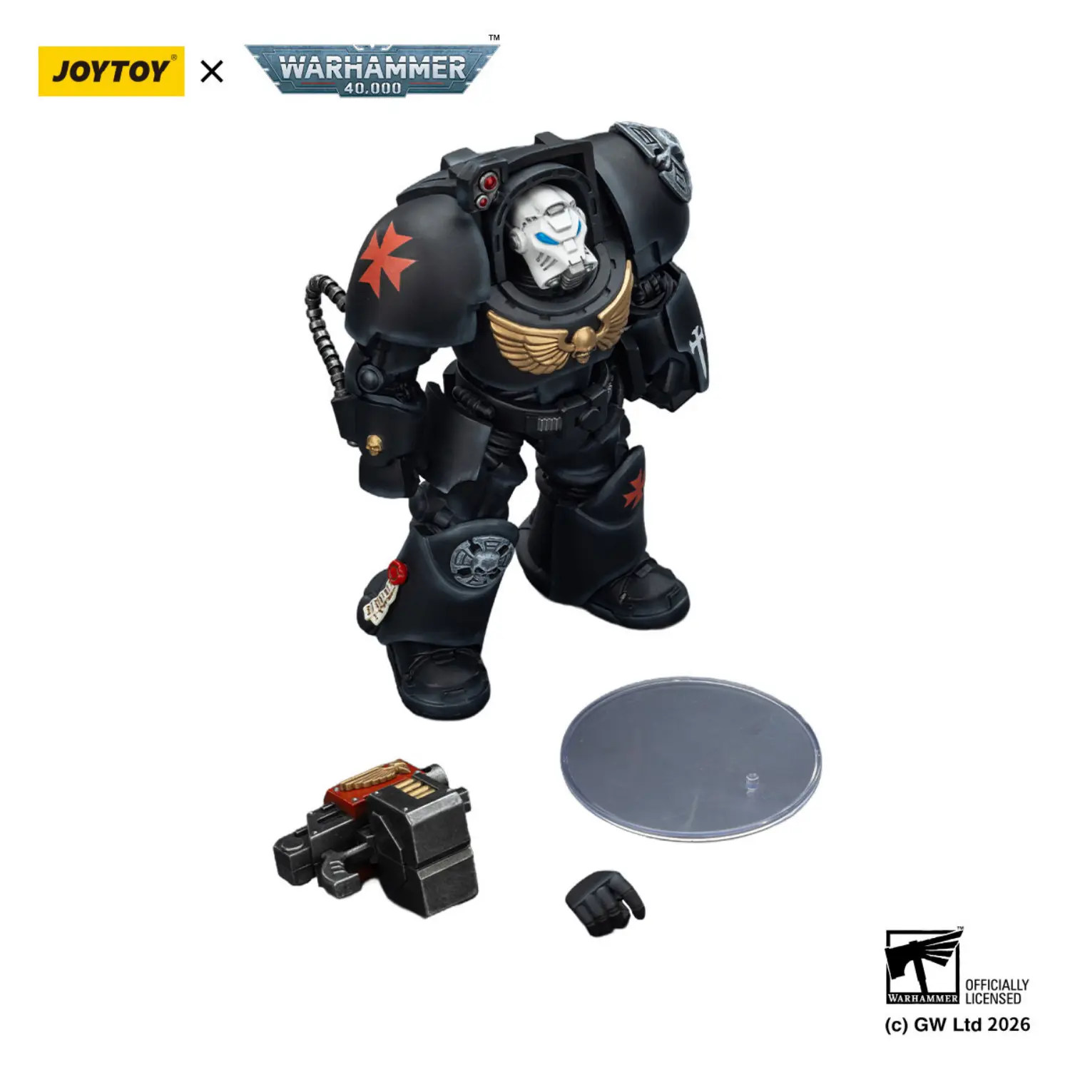 the parts of the Action Figure - Black Templars Terminator 2 with Power Fist and Storm Bolter 1 18 - JOYTOY Warhammer 40K in white background