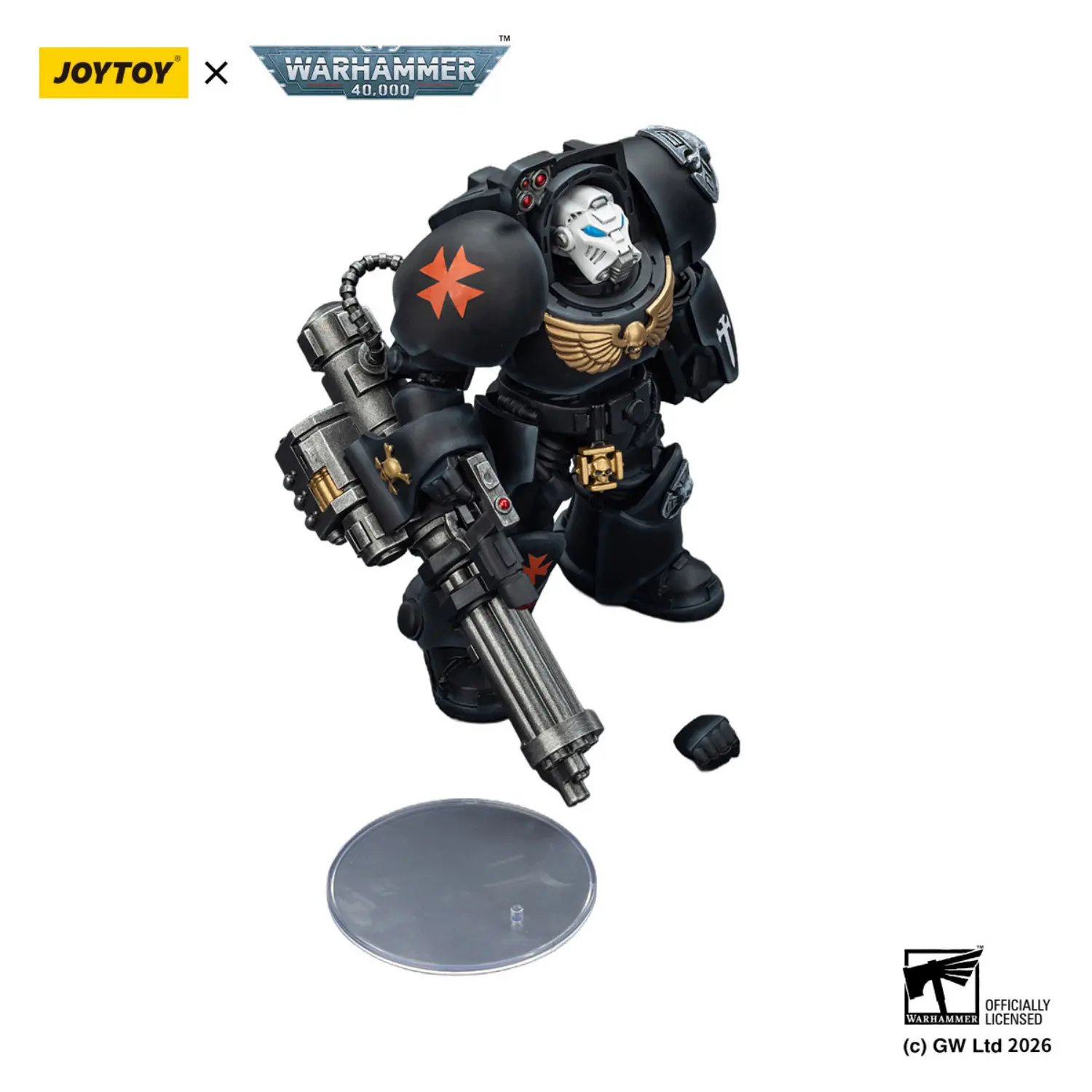 the parts of the Action Figure - Black Templars Terminator 3 with Power Fist and Assault Cannon 1 18 - JOYTOY Warhammer 40K in white background
