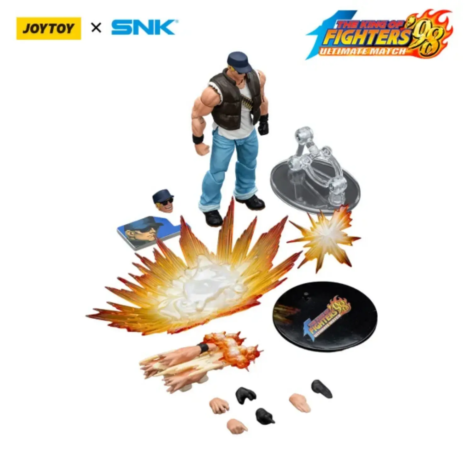 the parts of the Action Figure - Clark Still KOF _98 UM Ikari Warriors Team SNK 1 18 - JOYTOY The King of Fighters in white background
