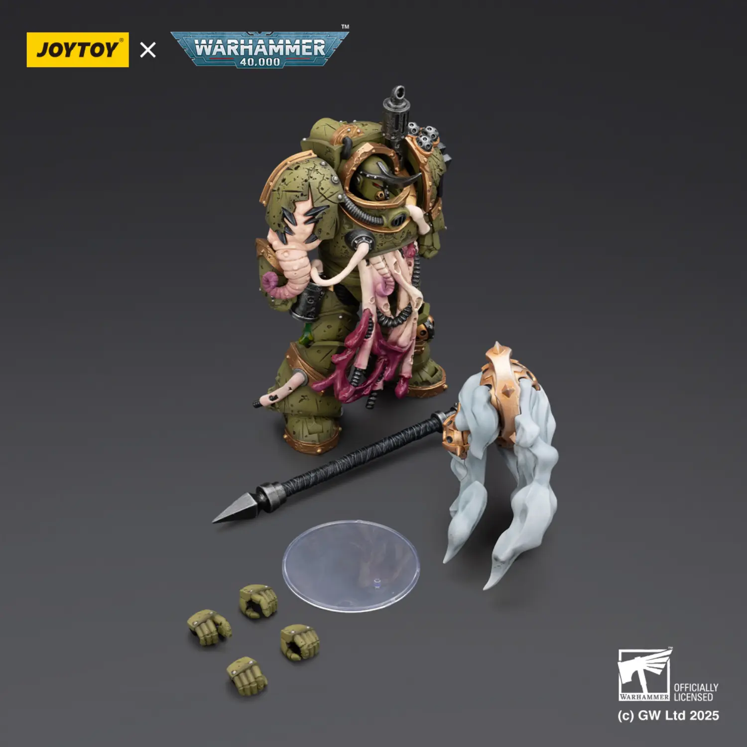 the parts of the Action Figure - JOYTOY Death Guard Blightlord Terminator with Flail of Corruption 1 18 - Warhammer 40K