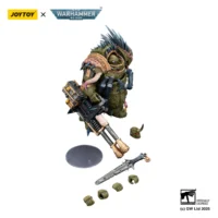 the parts of the Action Figure - JOYTOY Death Guard Blightlord Terminator with Reaper Autocannon and Bubotic Blades 1 18 - Warhammer 40K in white background