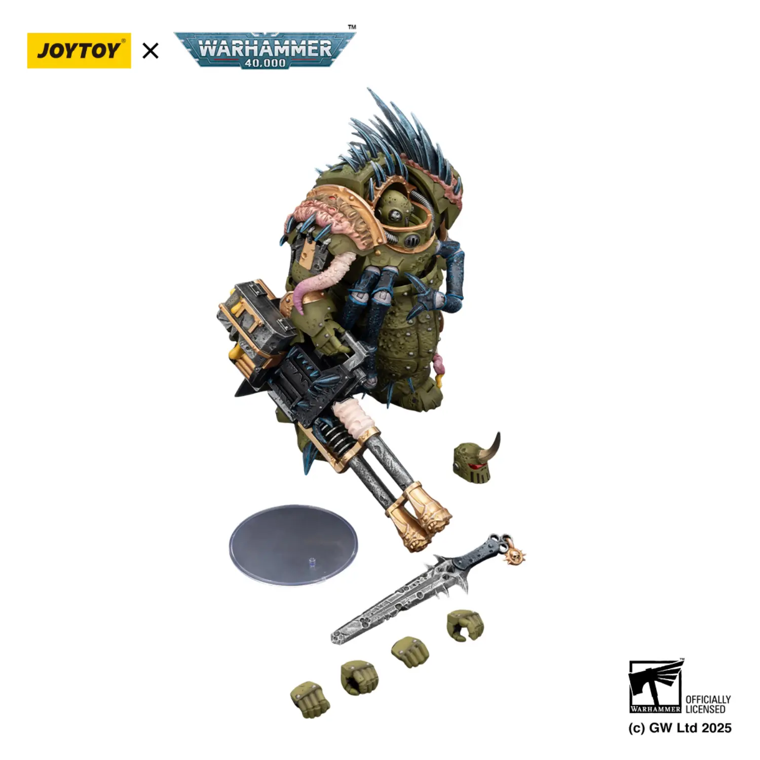 the parts of the Action Figure - JOYTOY Death Guard Blightlord Terminator with Reaper Autocannon and Bubotic Blades 1 18 - Warhammer 40K in white background