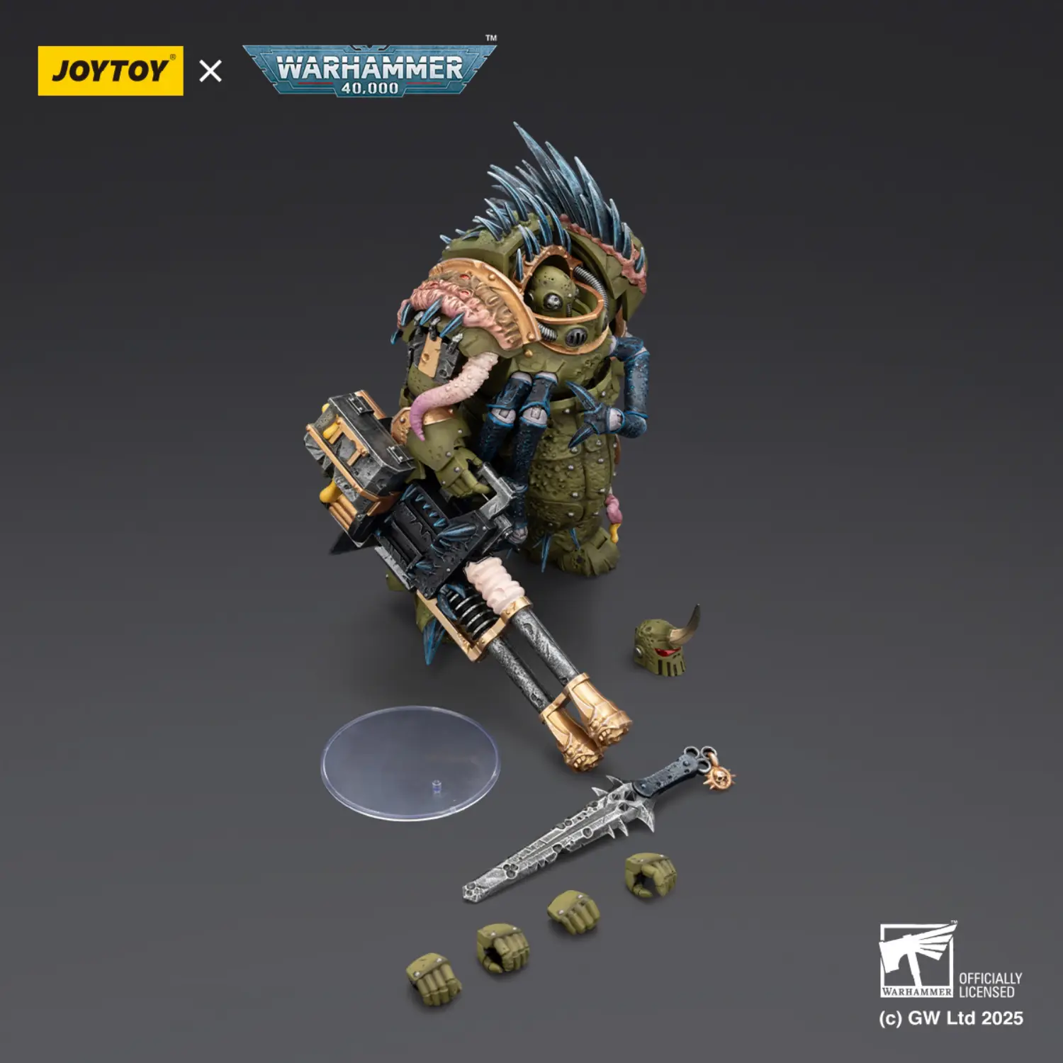 the parts of the Action Figure - JOYTOY Death Guard Blightlord Terminator with Reaper Autocannon and Bubotic Blades 1 18 - Warhammer 40K