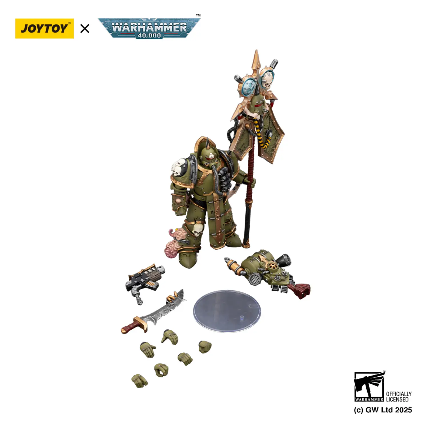 the parts of the Action Figure - JOYTOY Death Guard Plague Marine Icon bearer with Boltgun and Plague knife 1 18 - Warhammer 40K in white background the parts of the Action Figure - JOYTOY Death Guard Plague Marine Icon bearer with Boltgun and Plague knife 1 18 - Warhammer 40K in white background
