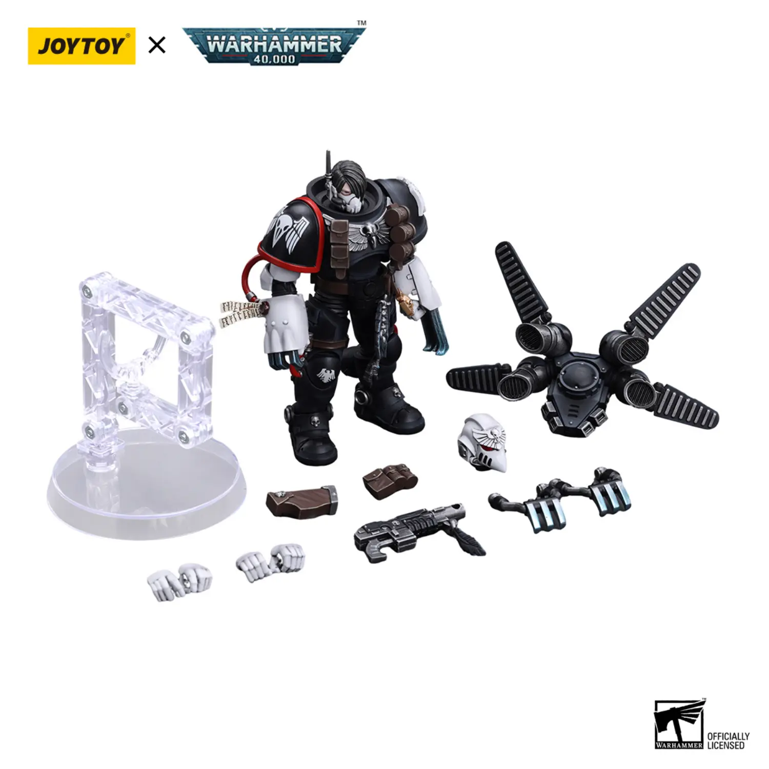 the parts of the Action Figure - JOYTOY Raven Guard Chapter Master Kayvaan Shrike 1 18 - Warhammer 40K in white background Action Figure - JOYTOY Raven Guard Chapter Master Kayvaan Shrike 1 18 - Warhammer 40K 1