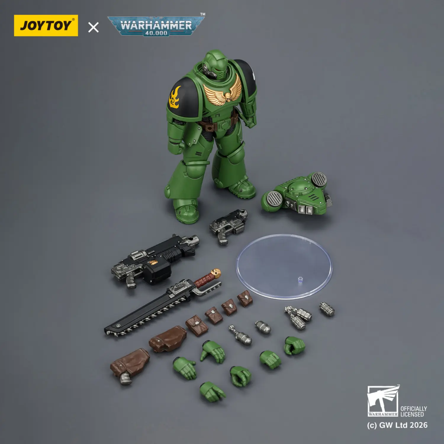 the parts of the Action Figure - JOYTOY Salamanders Intercessor with Bolt Rifle, Bolt Pistol and Chainsword 1 18 - Warhammer 40K
