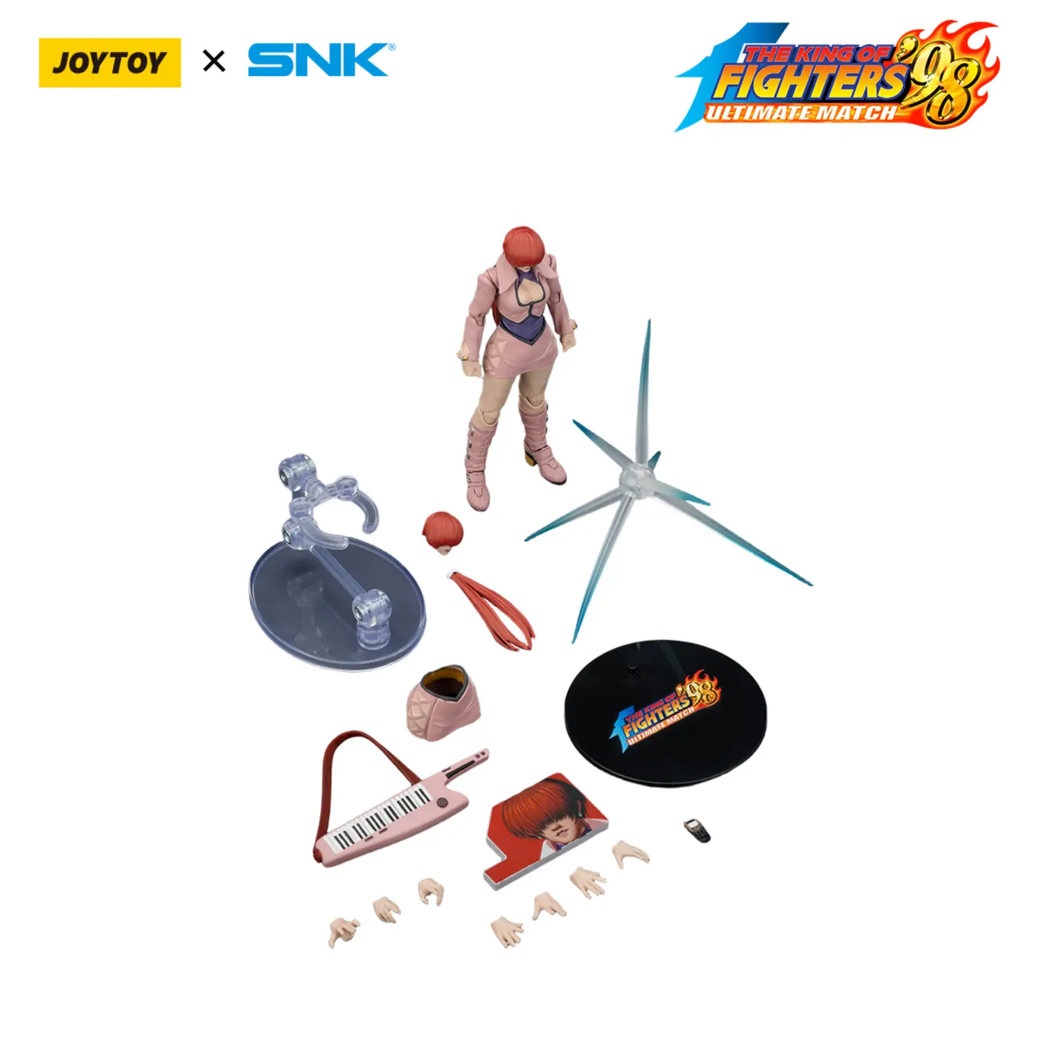 the parts of the Action Figure - JOYTOY Shermie KOF _98 UM Orochi Team SNK 1 18 - The King of Fighters in white background