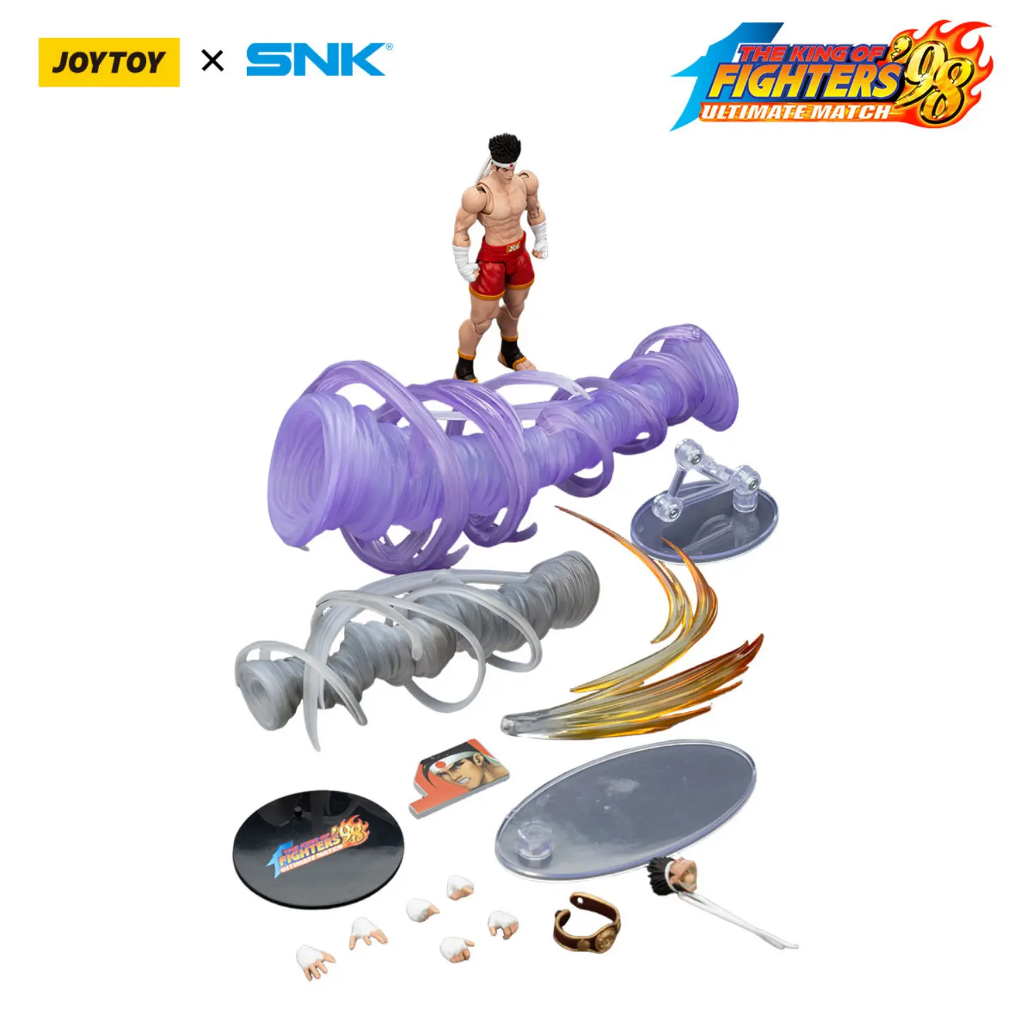 the parts of the Action Figure - Joe Higashi KOF _98 UM Fatal Fury Team SNK 1 18 - JOYTOY The King of Fighters in white background