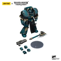 the parts of the Action Figure - JoyToy Alpha Legion Lernaean Terminator with Volkite Charger 1 18 - Warhammer The Horus Heresy in white background