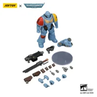 the parts of the Action Figure - JoyToy Space Wolves Intercessor with Bolt Rifle, Bolt Pistol and Chainsword 1 18 - Warhammer 40K in white background
