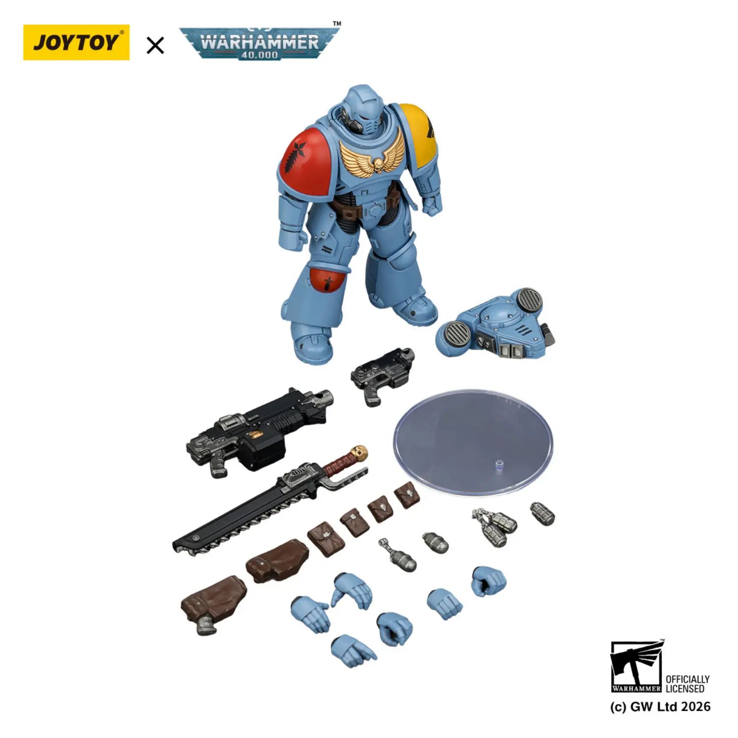the parts of the Action Figure - JoyToy Space Wolves Intercessor with Bolt Rifle, Bolt Pistol and Chainsword 1 18 - Warhammer 40K in white background