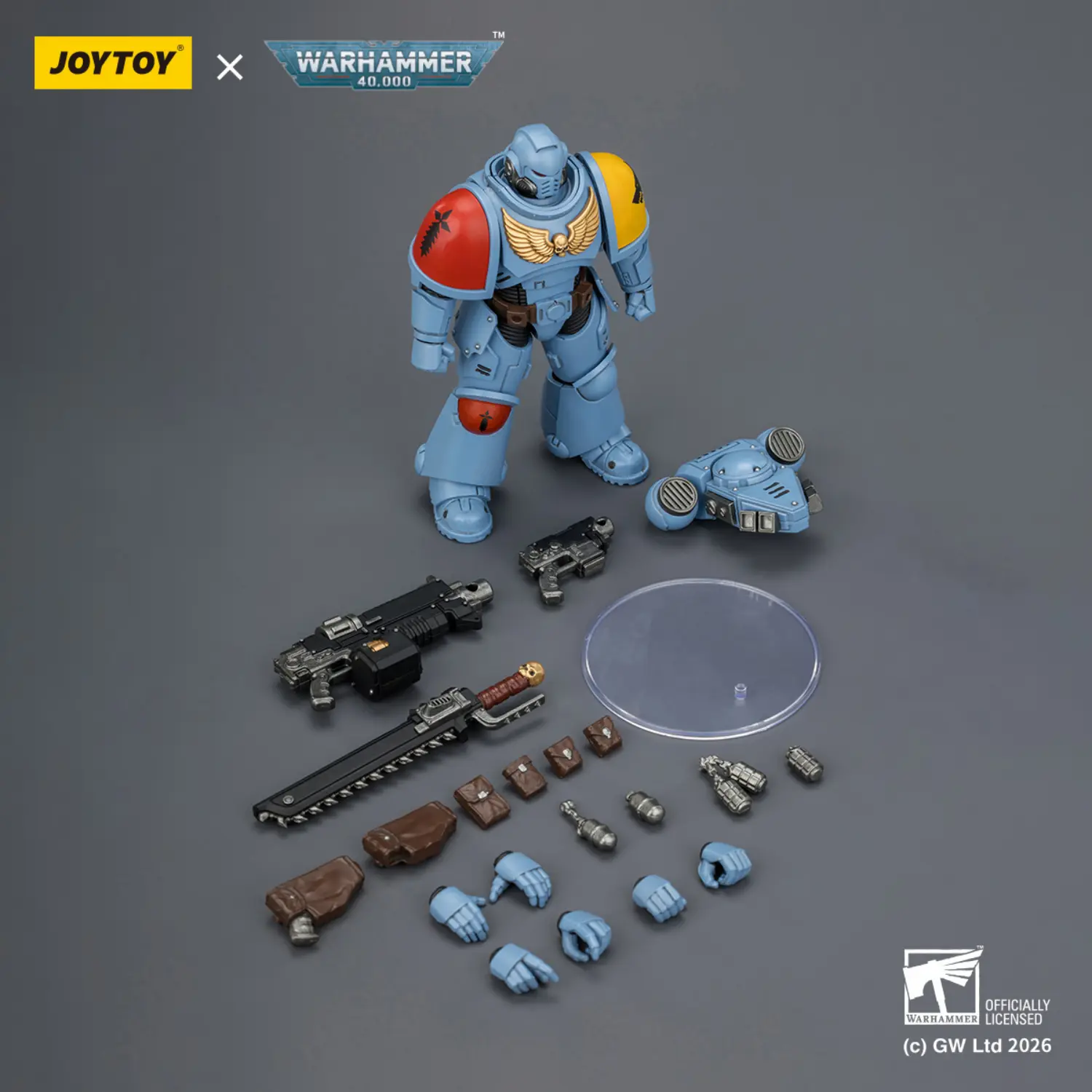 the parts of the Action Figure - JoyToy Space Wolves Intercessor with Bolt Rifle, Bolt Pistol and Chainsword 1 18 - Warhammer 40K