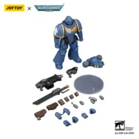 the parts of the Action Figure - JoyToy Ultramarines Intercessor with Bolt Rifle, Bolt Pistol and Chainsword 1 18 - Warhammer 40K in white background
