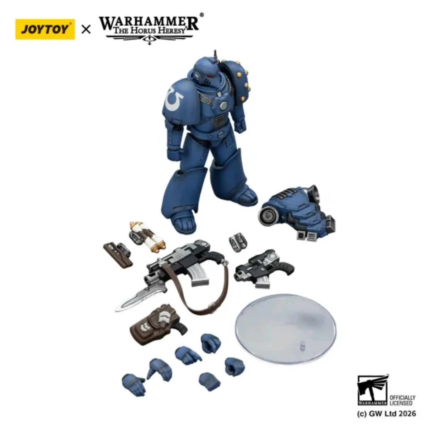 the parts of the Action Figure - JoyToy Ultramarines Legion MKVI Tactical Legionary with Chain-Bayonet 1 18 - Warhammer The Horus Heresy in white background the parts of the Action Figure - JoyToy Ultramarines Legion MKVI Tactical Legionary with Chain-Bayonet 1 18 - Warhammer The Horus Heresy in white background