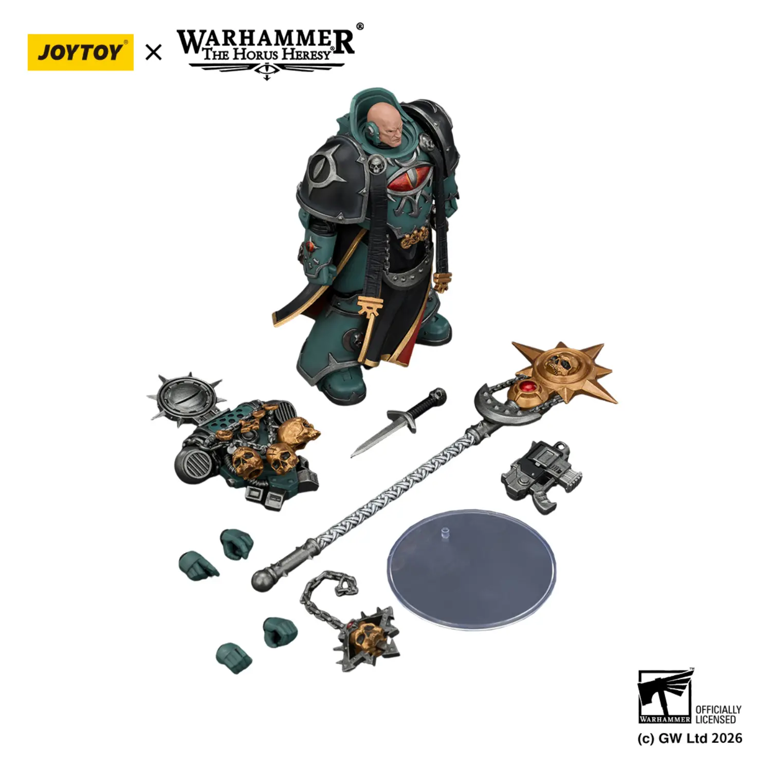 the parts of the Action Figure – JoyToy 1/18 Sons of Horus Dark Emissary Consul with Staff – Warhammer The Horus Heresy in white background the parts of the Action Figure – JoyToy 1/18 Sons of Horus Dark Emissary Consul with Staff – Warhammer The Horus Heresy in white background