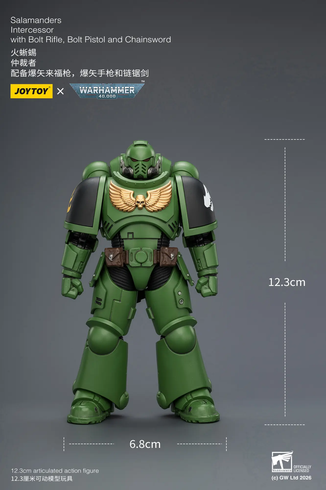 the size of the Action Figure - JOYTOY Salamanders Intercessor with Bolt Rifle, Bolt Pistol and Chainsword 1 18 - Warhammer 40K rectangle image