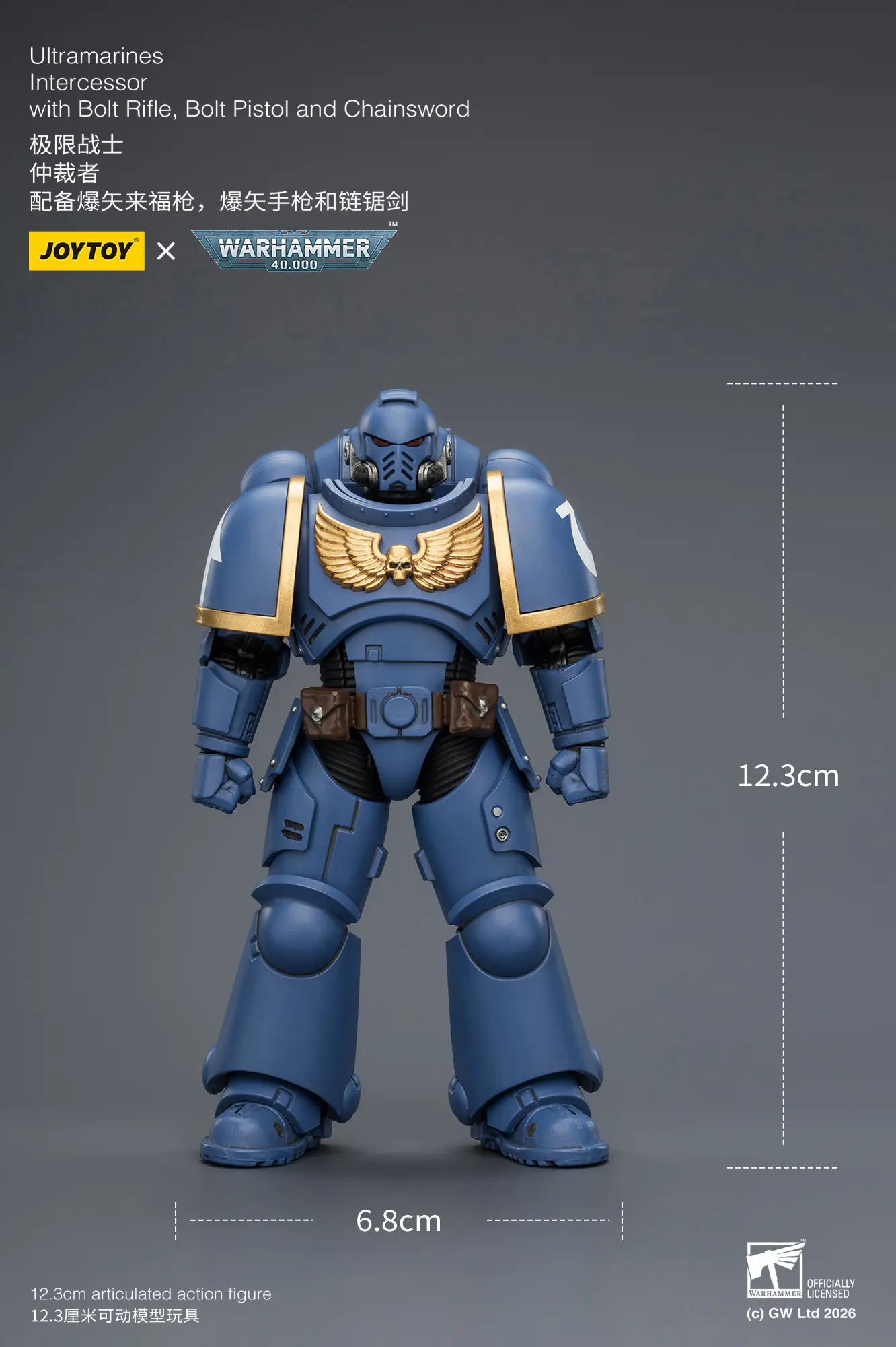 the size of the Action Figure - JoyToy Ultramarines Intercessor with Bolt Rifle, Bolt Pistol and Chainsword 1 18 - Warhammer 40K rectangle image