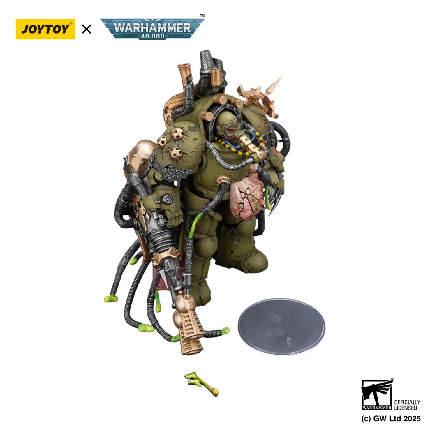 the upward side of ther Action Figure - JoyToy Death Guard Lord of Virulence with Power Fist and Twin Plague Spewer 1 18 - Warhammer 40K in white background